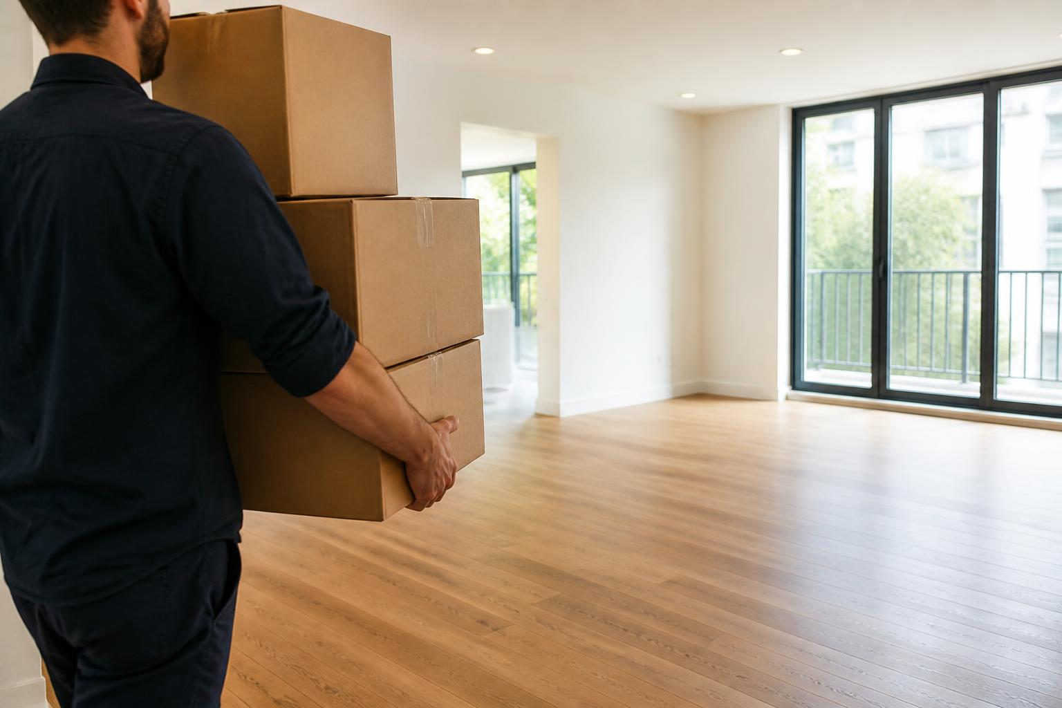 Déménageur transportant des boîtes dans un appartement vide